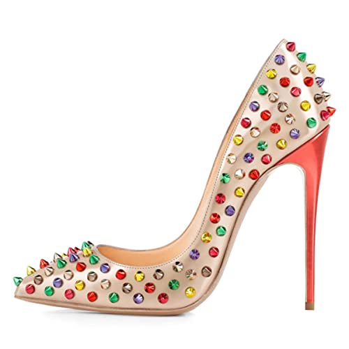 FSJ Women Sexy Studded Rivets Stiletto High Heel Pumps Classic Closed Pointed Toe Slip On Basic Spikes Shoes for Party Size 4-15 US2