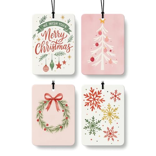 FISWAFY Red and Green Boho Christmas Berry Car Air Freshener 4 Pcs, Xmas Tree Wreath Snowflake Hanging Air Freshener for Cars Closet Drawer Books, Christmas Car Accessories Mirror Decor for Women