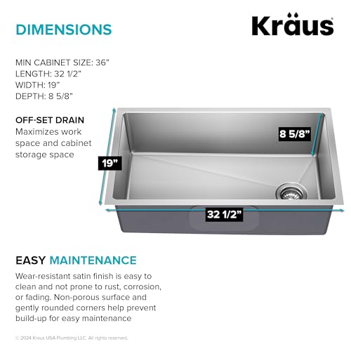 KRAUS Stainless Steel 33 in 18 Gauge Undermount Kitchen Sink KHU640-33 | 18-gauge stainless steel construction, rounded corners resist buildup, channel grooves for draining, NoiseDefend pads - image 6