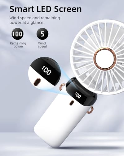 Koonie Draagbare handventilator, op batterijen werkende ventilator met basis, 8 uur, digitaal display, 5 snelheden, 90° verstelbaar, oplaadbare mini-ventilator voor buiten en binnen, wit - Afbeelding 5