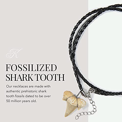 Kalifano Fossilized Shark Tooth Necklace - Authentic Prehistoric Shark Teeth Fossil Pendant On 18" Inch Braided Leather Cord - Great Gift For Men And Boys (Information Card Included) #TOP3