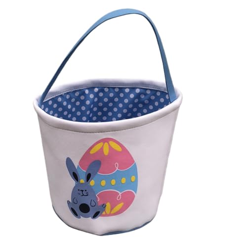 Image of Easter Bunny Basket Bag for Kids, Canvas Cotton Egg Hunt Tote with Rabbit Print, Bunny Gift Bag for Boys and Girls, Lightweight Reusable Candy and Egg Holder, Multiple Colors (Easter Bunny Basket -Blue)