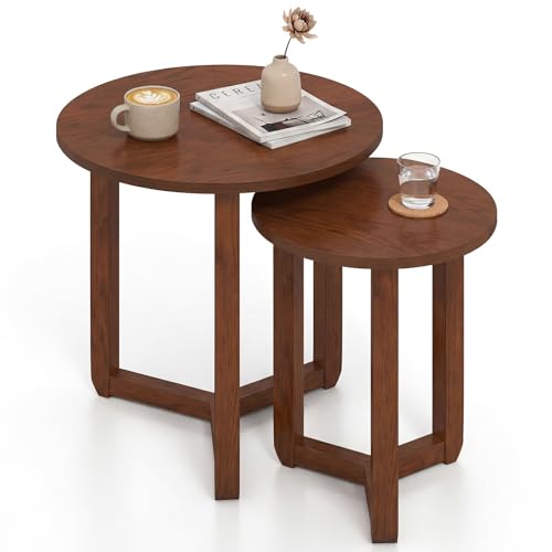Giantex Round Nesting Coffee Table Set of 2, Wood Nesting End Tables with Thickened Top & Solid Rubber Wood Legs, Farmhouse Sofa Side Table for Small Spaces Living Room Bedroom (Walnut)