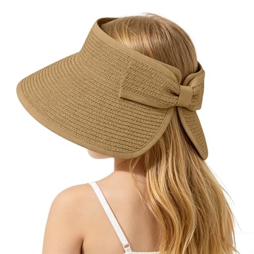 Girls Straw Sun Visor Hat Wide Brim Ponytail Beach Hat with Bow Foldable Packable Roll-Up for Kids Summer Travel Khaki