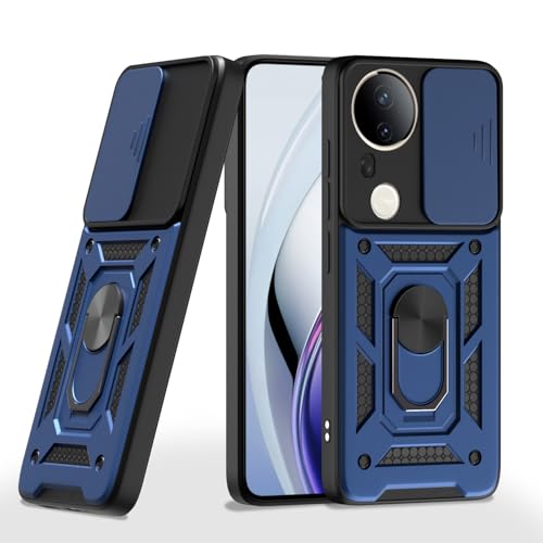 Image of Pikkme Back Cover for Vivo T4 Ultra 5G | D10 Tough Armor | 360 Protection Case | Sliding Camera Shield Cover & Ring Holder Stand Bumper Case (Blue)