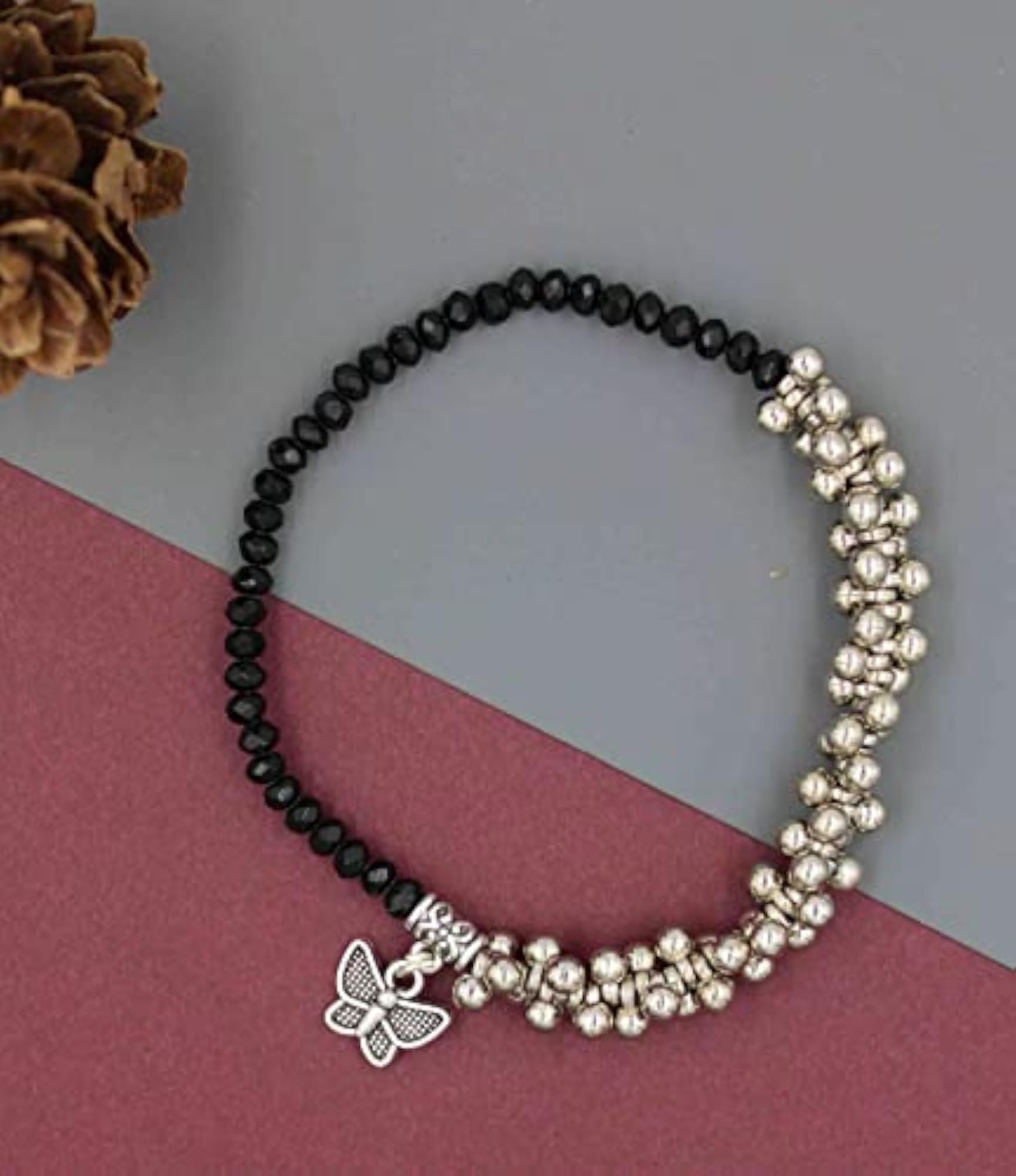 Stretchable Anklet with Butterfly Hanging, Crystal & Oxidised Beads