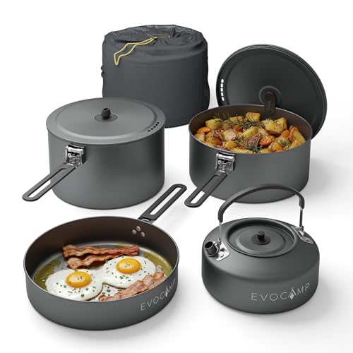 EVOCAMP Camping Kochgeschirr Set 4-teilig aus Aluminium leichtes stapelbares Camping Geschirr mit klappbaren Griffen und Tragetasche Outdoor Kochgeschirr für Camping Reisen und Outdoor Küche