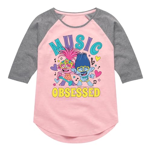 HYBRID APPAREL Trolls - Music Obsessed Poppy and Branch - Toddler & Youth Girls Raglan Graphic T-Shirt