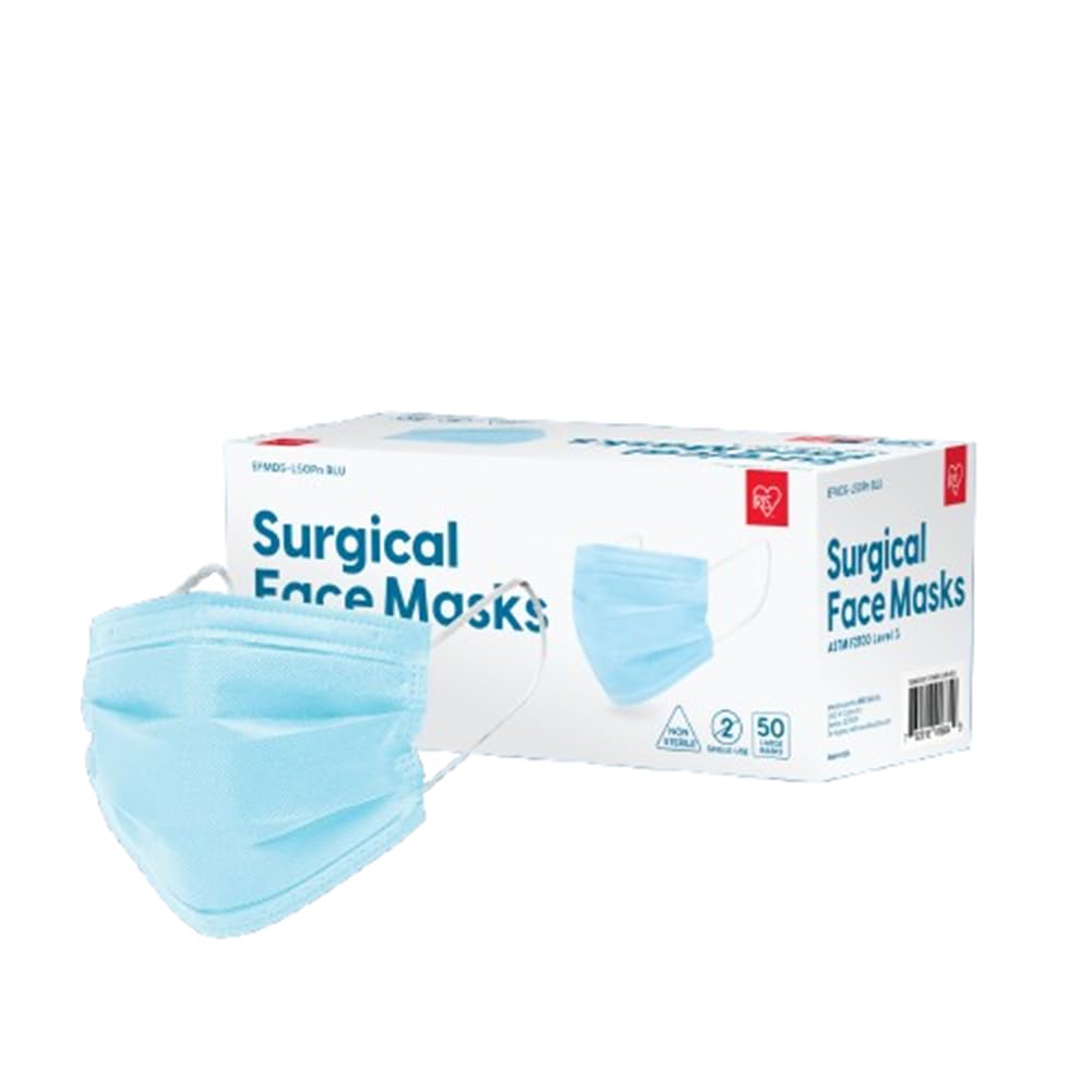 IRIS USA Surgical Face Mask, ASTM Level 3, Made in USA, 50 Pack, High Filtration Medical Mask, Fluid Resistant, 3-Layer Disposable Earloop Mask for