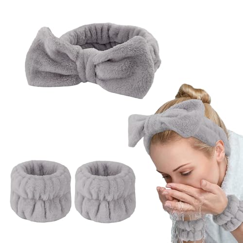 IMAXWAVE Kit de Spa para Cuidado Facial: Diadema Suave en Forma de Lazo y Muñequeras Absorbentes para Maquillaje y Tratamientos de Belleza, Ideal para Rutinas Diarias y Spa en Casa - Gris