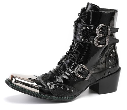 Santimon Mens Boots Casual Black Western Leather Fashion Square Toe Metal Tip Dress Ankle Boot2