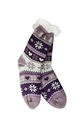 Sherpa Womens Thermal Slipper Socks (Orchid/Purple Snowflake, Tree, and Heart)