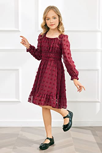 Hopeac Girls' Casual Dresses Long Lantern Sleeve Plain Square Neck Ruffle Dress Swiss Dot Chiffon Christmas Holiday Frocks Wine Red #TOP4