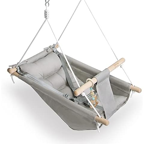 Baby Swing Indoor and Outdoor, Canvas Hammock Swing for Baby to Toddler with a Comfortable Seat, Macaroon Wooden Toy, Adjustable 5-Point Harness,3 Modes,Gift for Baby Boys Girls, Grey Cover