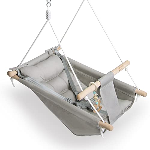 Baby Swing Indoor and Outdoor, Canvas Hammock Swing for Baby to Toddler with a Comfortable Seat, Macaroon Wooden Toy, Adjustable 5-Point Harness,3 Modes,Gift for Baby Boys Girls, Grey