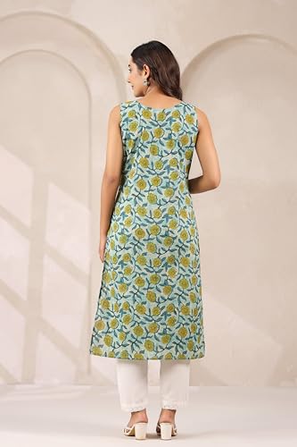 Image of Ichaa Women's All-Over Printed Sleeveless Kurta | Straight Fit Ethnic Kurta | Round Neck Casual Ethnic Wear Kurta
