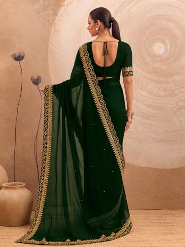 Image of Women's Georgette Embroidery Border Beads work Saree with Blouse Piece