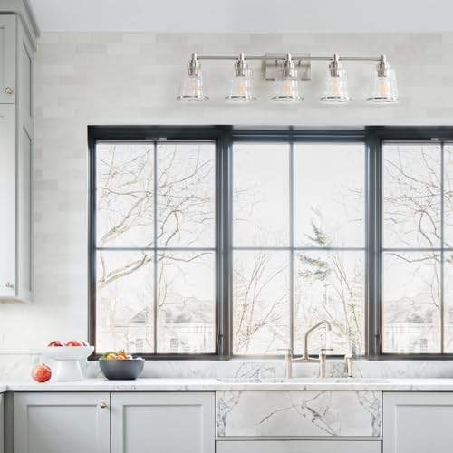 Image of Brushed Nickel Bathroom Vanity Light Fixture, 5 Light Bathroom Light Fixtures Over Mirror with Clear lampshade and Metal Base Sconce, 37 inch Modern Vanity Light for Bathroom(Exclude E26 Bulb)