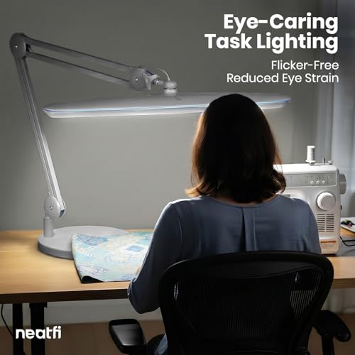 Image of Neatfi XL 24W LED Desk Lamp - 2,200 Lumens | 23 inch Wide Shade | Dimmable Eye-Caring Task Light | Adjustable Arm | Office, Study, Crafting & Nail Techs (Silver, Non-CCT with Base)