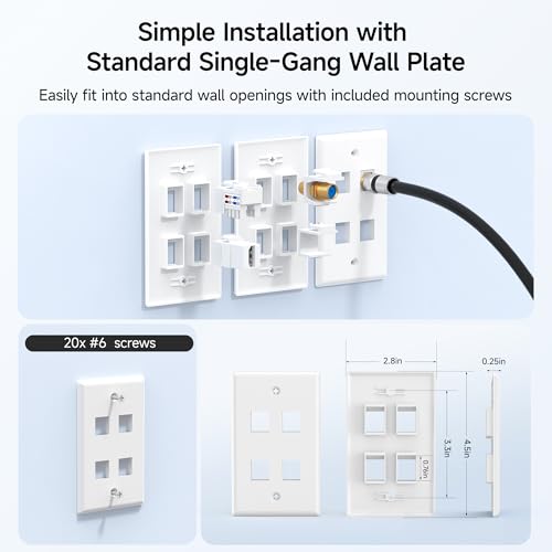Image of [UL Listed] Cable Matters 10-Pack Low Profile 4-Port Keystone Wall Plate | RJ45 Wall Plate, for Keystone Jacks, White