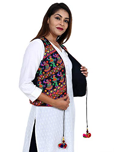 Image of Craft Trade Women's Cotton Embroidered Kutchi Jacket with Tassels Sleeveless Mirror Work