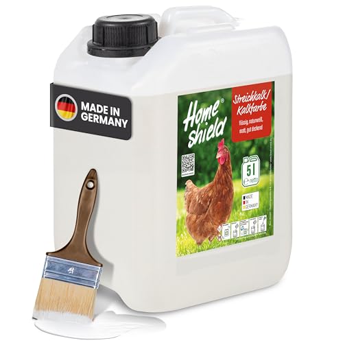 Home Shield Kalkfarbe Hühnerstall flüssig 5L Kanister, weiß - Streichkalk, ready to use - Matte, naturweiße Stallfarbe mit guter Deckkraft für Ställe - 5 Liter