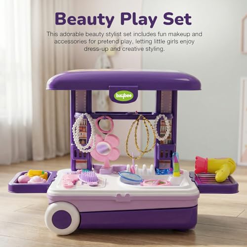 Image of Baybee Beauty Set Toys for Girls | Kids Makeup Set with Trolley Suitcase, Pretend Role Play Toys with Make up Table, Hair Accessories & Styling Tools, Portable Toy Set for Girls 3+ Years (Purple)