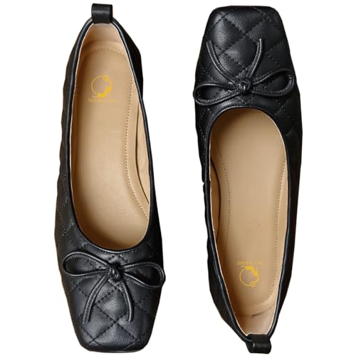 SHODENSE Women Square Closed Toe Flats Shoes with Bow Quilted