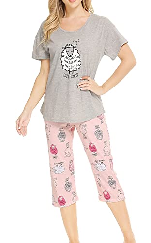 Image of CHUNG Women Cotton Pajama Sets Sleepwear pjs Short Sleeve Shirt Capri Length Crop Pants Cute Vivid Print
