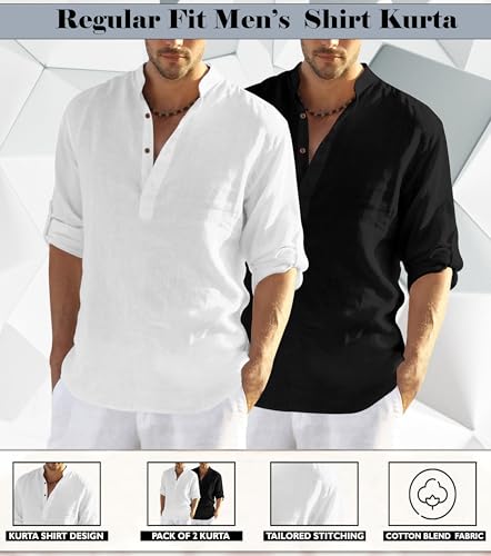Image of Zombom Men's Combo Cotton Polyester Blend Solid Full Sleeve Straight Regular Fit Mandarin /Chinese Collor Kurta (Pack of 2)