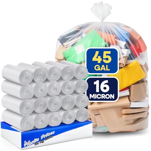 PLASTIC PRINCE 40-45 Gallon Garbage Bags High Density 40" × 48" Trash Can Liners 16 Micron Clear Trash Bags Pack of 250