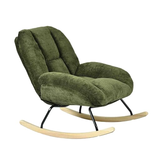 Meuble Cosy Fauteuil à Bascule Scandinave, Rocking Chair en Tissu Chenille, Chaise à Bascule Allaitement, Pieds en Bois d’Hévéa, pour Salon Chambre, Vert