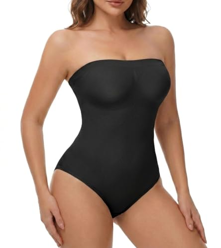 Zeecaro Strapless Shapewear Thong for Women Tummy Control One Piece Bodysuit Triangle Body Shaper Summer Tube Top Leotard Black M