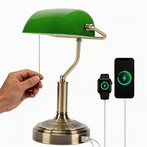 BNYFDC Vintage Bankers Lamp Green Glass with Antique Brass Finish USB & Type-C Charging Ports Pull Chain Desk Lamp for Home Office Piano Library (Green)