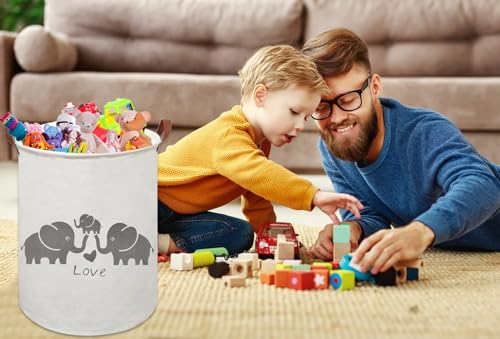 Image of 19.7 inch x 15.7 inchLaundry Basket,Round Cotton Linen Storage Bin with Drawstring Cover for Bathroom /Closet /Toys Storage(Elephants)