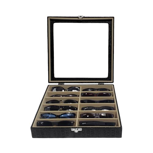 Estojo Porta Óculos 12 Casulos Preto Com Interno Aveludado Bege Caixa Organizador Maleta para Óculos