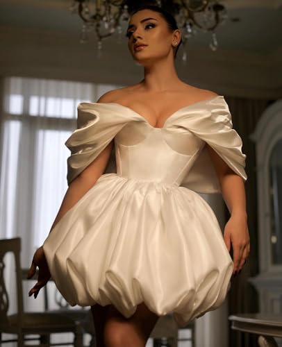 ALFEICE Off The Shoulder Short Wedding Dresses for Bride Pufffy Satin Bridal Dresses w/Pockets Strapless Formal Ball Gowns3