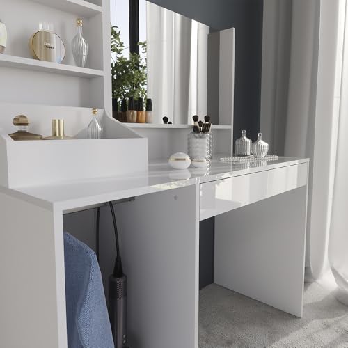 Vicco Tavolo Da Toeletta Sherry, Bianco/Bianco Lucido, 119.8 Cm 3 Parti - 4