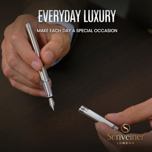 Image of Scriveiner Stainless Steel Fountain Pen - Stunning Luxury Pen with Steel Finish, Schmidt Steel Nib (Medium), Pen Gift Set for Men & Women, Professional, Executive Office, Nice Designer Pens