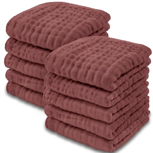 Image of Baby Washcloths, Muslin Cotton Baby Towels 10 Pack -Large 10”x10” Wash Cloths Soft on Sensitive Skin, Absorbent for Boys & Girls, Newborn Baby & Toddlers Bibs & Burp Cloths Essentials Set, Wine