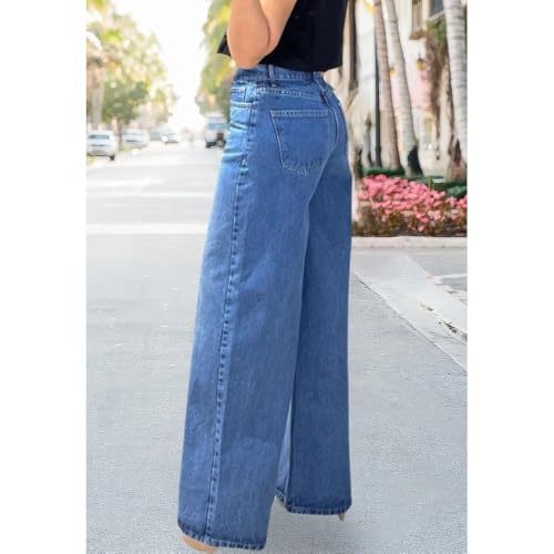Image of Women's Straight Leg Jeans High Waisted Wide Leg Stretchy Baggy Denim Pants