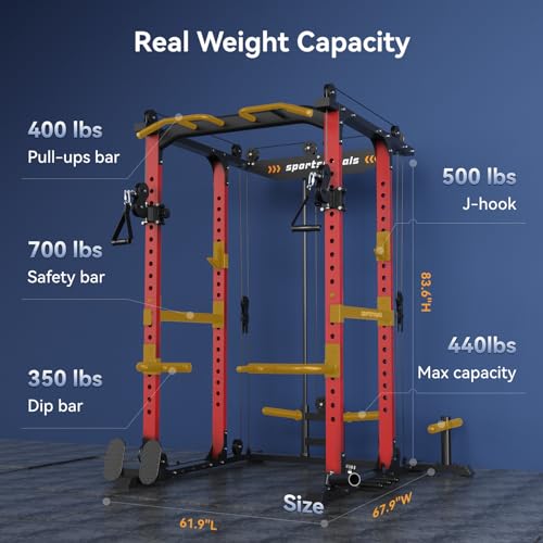 Image of SPORTSROYALS Power Rack, Multi-Functional Power Cage, Squat Rack with Pulley System & LAT Pull Down, Workout Cage with J Hooks for Home Gym