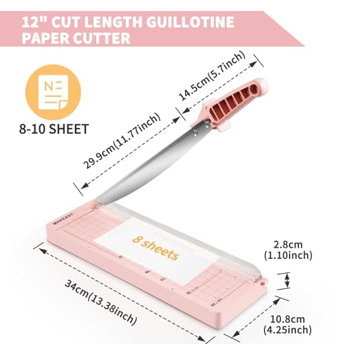 Image of MAKEASY Paper Cutter 12 Inch, Guillotine Paper Cutter with 8 Sheet Capacity, Heavy Duty Paper Cutter for Cardstock, Paper Trimmer for Crafting, Classroom and Office, Pink