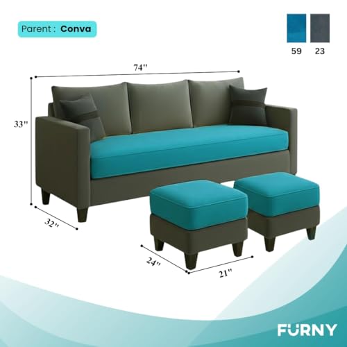 Image of FURNY Oreoy 5 Seater L Shape Sofa Set with 2 Movable Ottoman | Flexible Left or Right Layout | Plush Velvet Fabric (Aqua Blue-Dark Grey) | Perfect for Living Room, Guest Room & Office