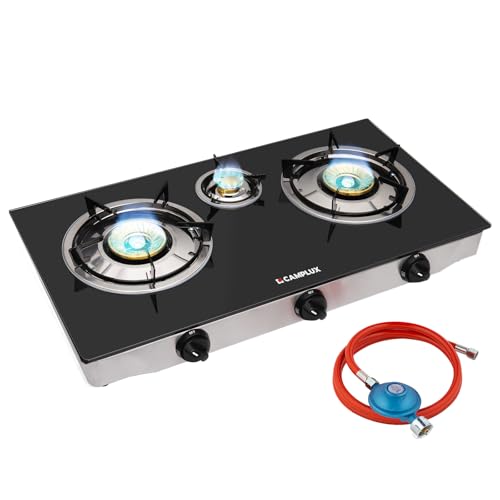 CAMPLUX TC03GB 3 Flammig Glas Gaskochfeld/ 6,25 kW LPG Gaskocher/Tragbar Campingkocher für Camping/...