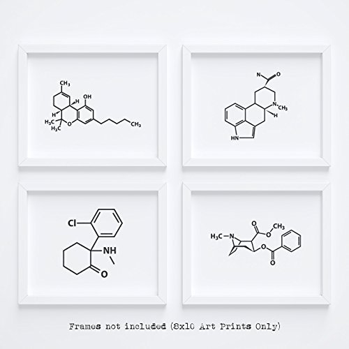 Clean, Friendly, Fun Molecule Drug Wall Art Home Decor - Marijuana Cocaine Lsd Ketamine Decoration Accessories Poster for Framing, Funny Clean Sleak Design that satisfies any space 8x10 Prints