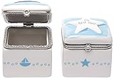 C.R. Gibson, Ceramic First Tooth and Curl Keepsake Box, Sailboat and Star; Baby Shower Gift; Baby Boy Keepsake Box; 2 Pieces