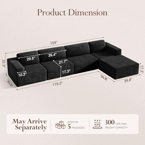 Image of Vesgantti 159 inch Large Modular Sectional Sofa, L-Shaped Corduroy Cloud Couch with Deep Seats & Spring Support, 4-Seater Boneless Sofa with Movable Ottoman, No Assembly Needed, Black