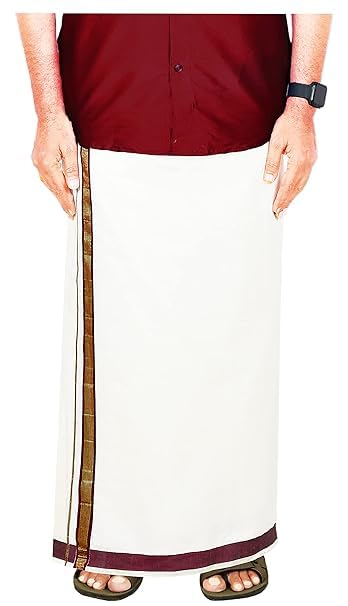 Eternals męskie złote Jari Line 100% bawełna czysta biel Dhoti 4,00 m podwójne Mundu/Vesti bordowa obwódka.