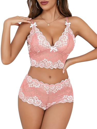 Image of Lilosy Sexy Lingerie for Women Lace Pajamas Set Cami Bra and Panty High Waist Sheer Sleepwear 2 Piece 2XS-6XL